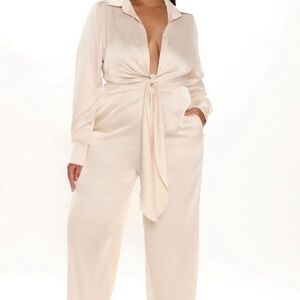 Fashion Nova Cream Tie-Front Jumpsuit